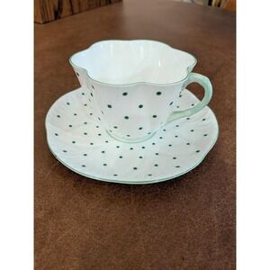 Shelley England Dainty Green Polka Dot Teacup and Saucer Fine Bone China 13748